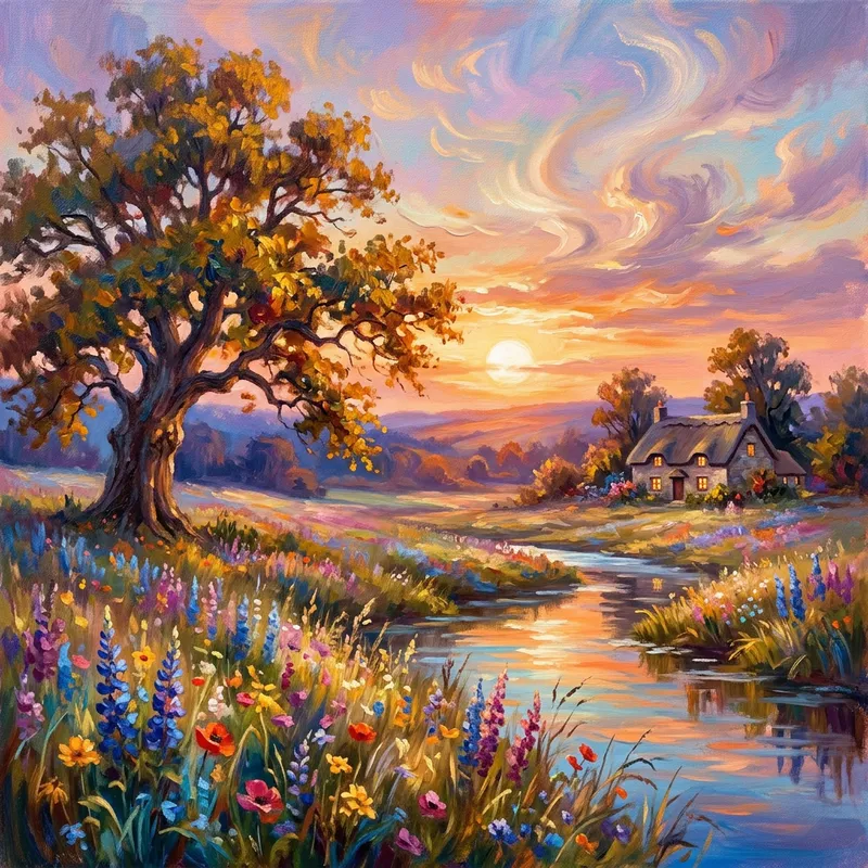 Peaceful Impressionistic Countryside Landscape: A Sunset Symphony