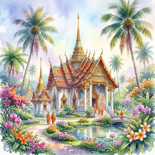 Serene Thai Temple Watercolor Painting