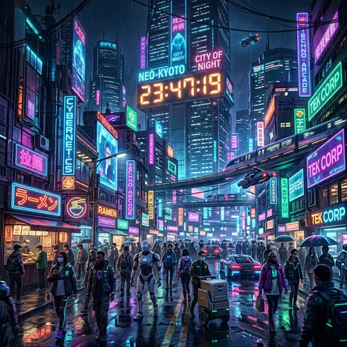 Bustling Cyberpunk Cityscape with Neon Signs