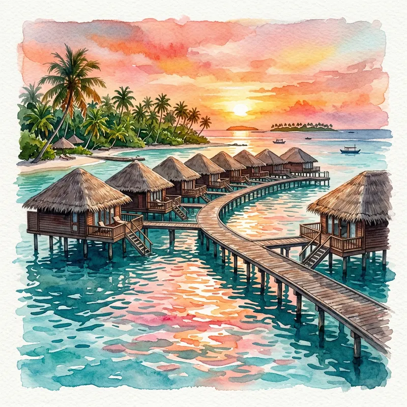 Enchanting Maldives Watercolor Painting | Overwater Bungalows & Sunset