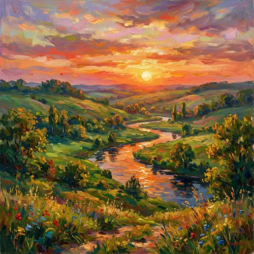Impressionist Landscape Art: Tranquil Countryside Sunset