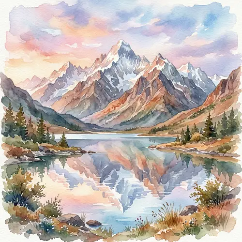 Tranquil Mountain Range in Watercolor Painting
