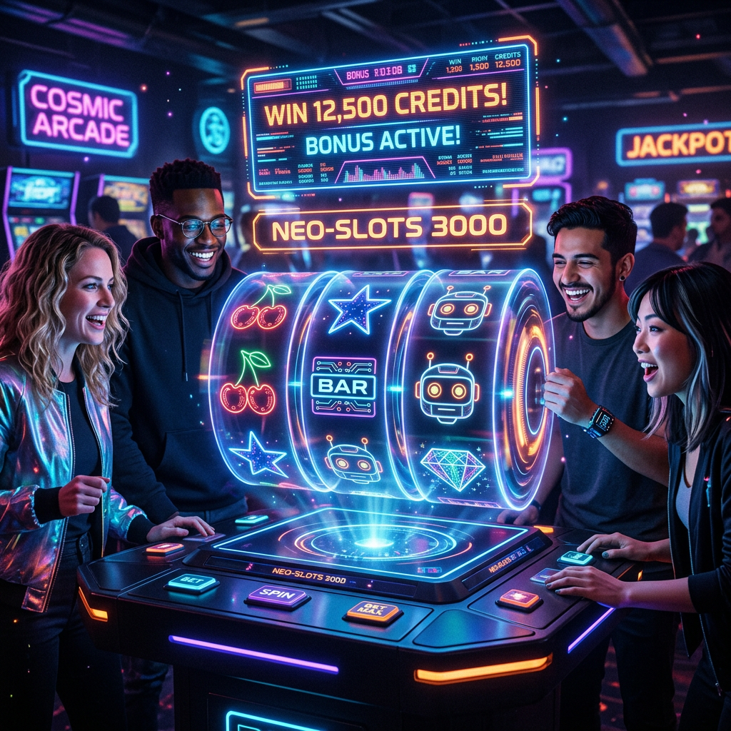 Futuristic Slot Machine with Holographic Interface | High-Tech Slots | AI Art Generator | Easy-Peasy.AI
