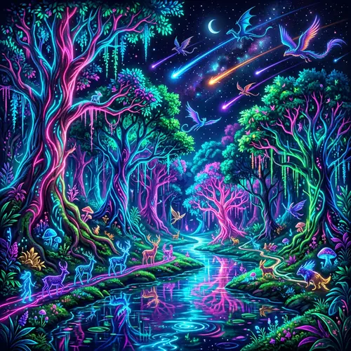 Neon Fantasy World: Enchanting Forest with Bioluminescent Creatures