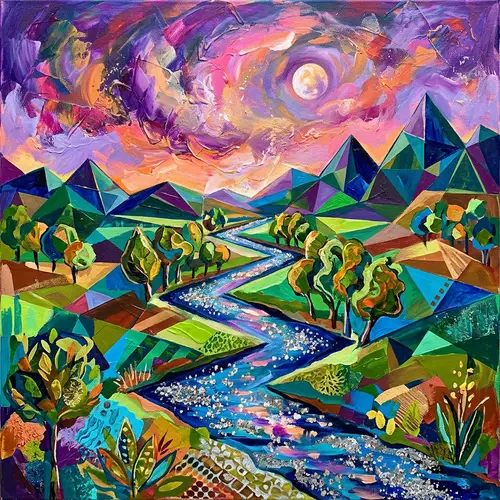 Abstract Landscape Art | Colorful Sky & River Scene