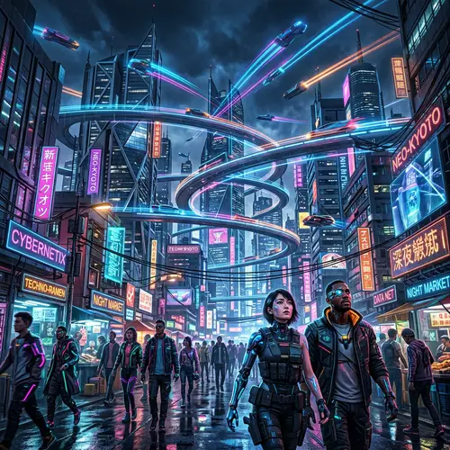 Futuristic Cyberpunk Cityscape with Neon Lights