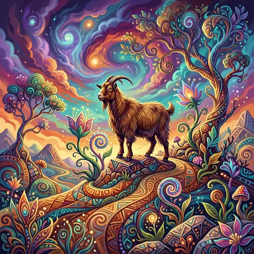 Robust Goat in Abstract Landscape - Surreal & Vibrant Scene