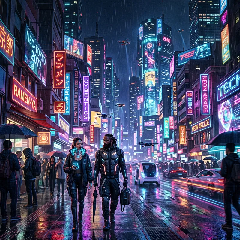 Vibrant Cyberpunk City: Neon Lights at Night
