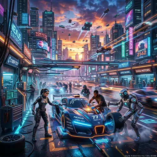 Futuristic Cyberpunk Pit Lane - High-Tech Racing Scene
