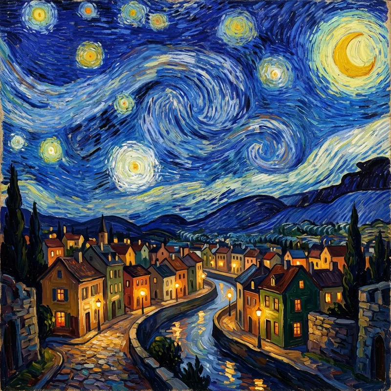 Whimsical Evening Cityscape with Abstract Night Sky Whimsical Evening Cityscape with Abstract Night Sky