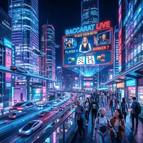 Futuristic Cityscape with AI Androids & Baccarat Game