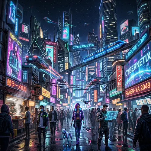 Futuristic Cyberpunk City Landscape - Sci-Fi Urban Night Scene