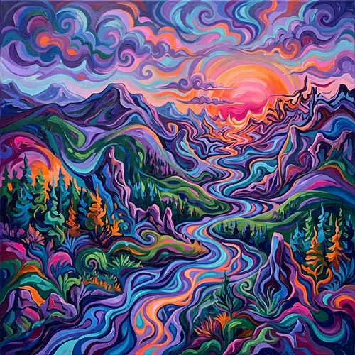 Surreal Abstract Landscape Painting in Blues, Purples & Greens