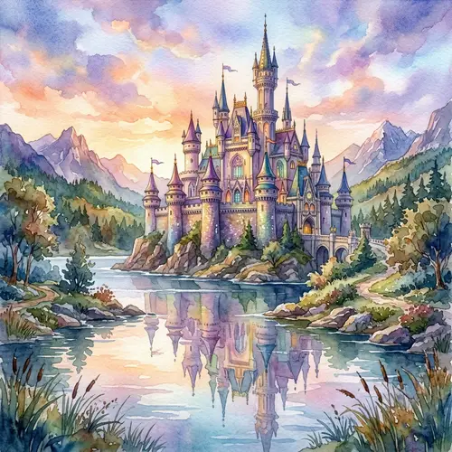 Detailed Fantasy Castle Watercolor - Enchanting Gothic Architecture