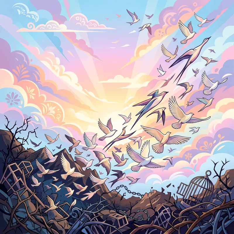 Vector Illustration of Freedom | Soaring Birds in Colorful Sky