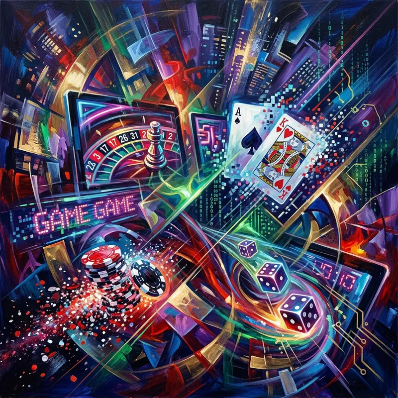 Abstract Online Casino Art: Neon Lights & Cards