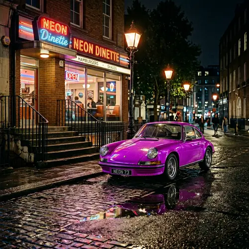 Neon Retro Sports Car in Urban Setting at Night