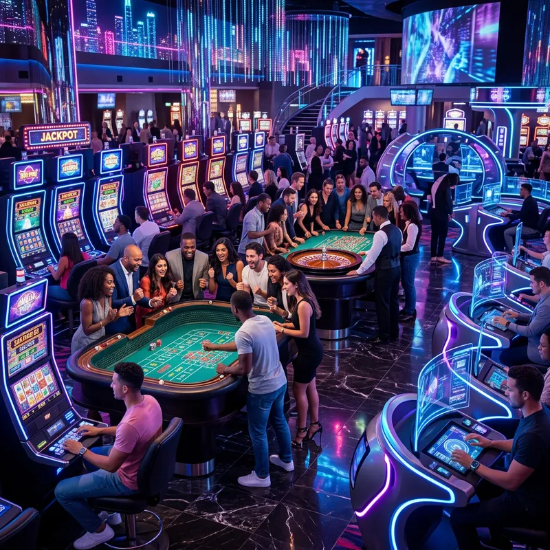 Vibrant Casino: Futuristic Cityscape & Diverse Gaming Scene Vibrant Casino: Futuristic Cityscape & Diverse Gaming Scene
