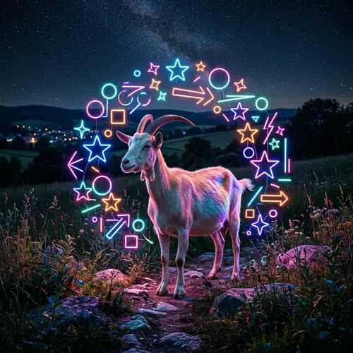 Elegant Goat with Neon Lights: Surreal Rural-Urban Synthesis