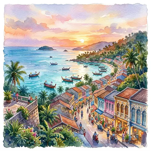 Phuket Watercolor Painting: Tranquil Sea, Long-tail Boats & Colorful Streets