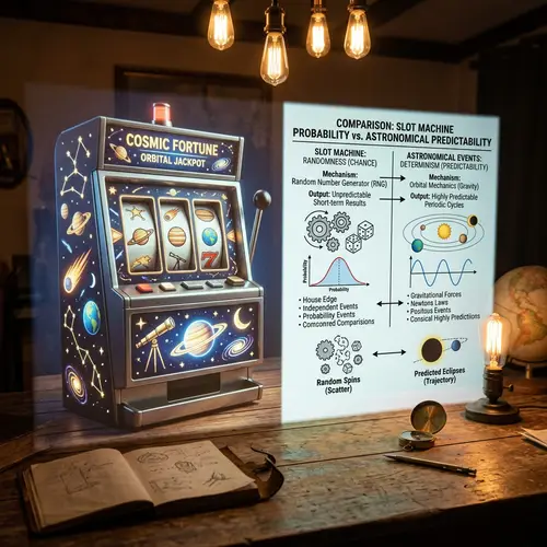 Slot Machine & Astronomy Comparison | Vintage Wooden Table