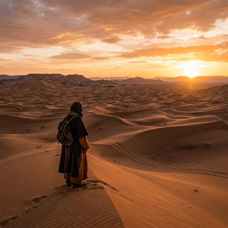 Solitary Figure in Vast Desert Landscape - Dramatic Lighting & Contemplative Pose Solitary Figure in Vast Desert Landscape - Dramatic Lighting & Contemplative Pose