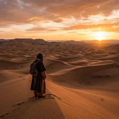 Solitary Figure in Desert Landscape - Dramatic Lighting & Contemplative Pose