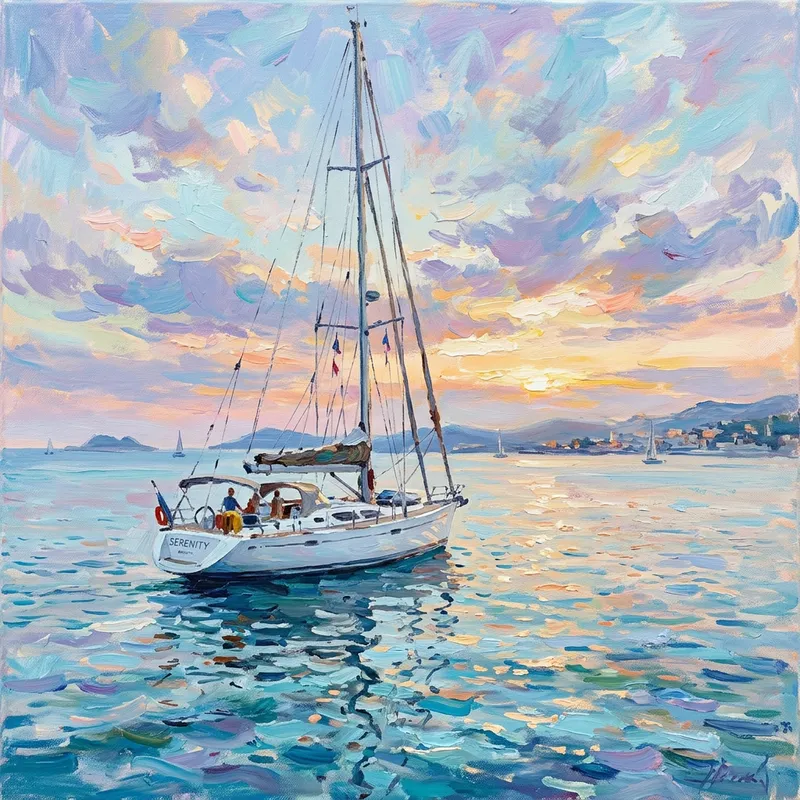 Sailing Yacht in Serene Ocean - Impressionist Artwork Sailing Yacht in Serene Ocean - Impressionist Artwork