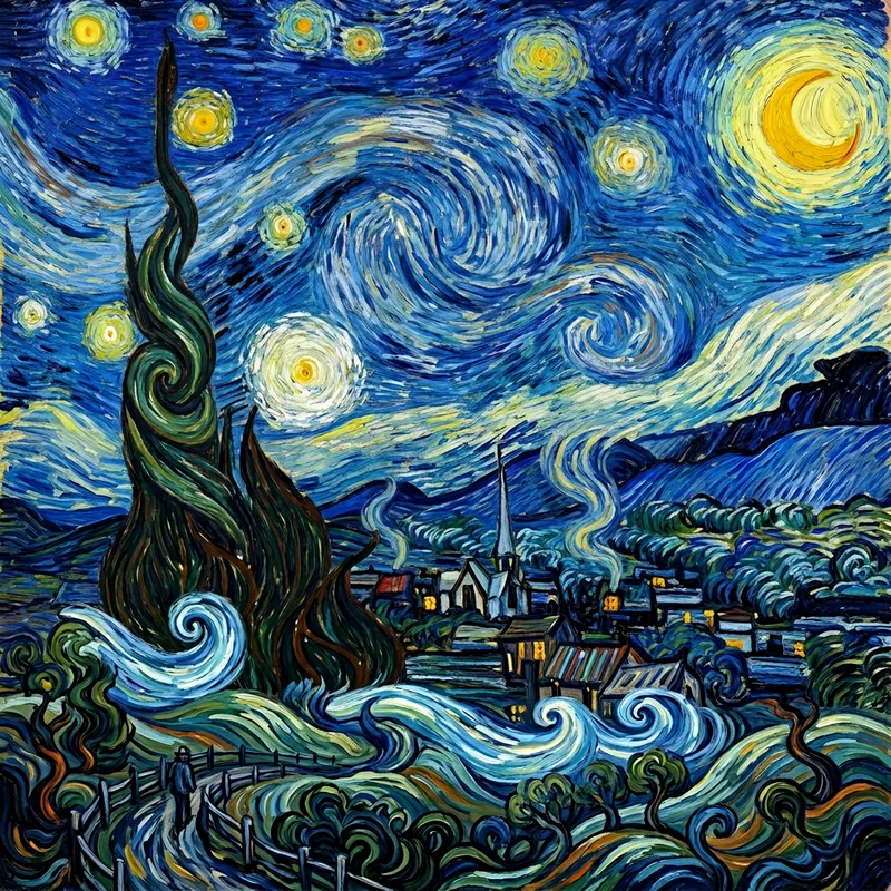 Surreal Starry Night Landscape Painting