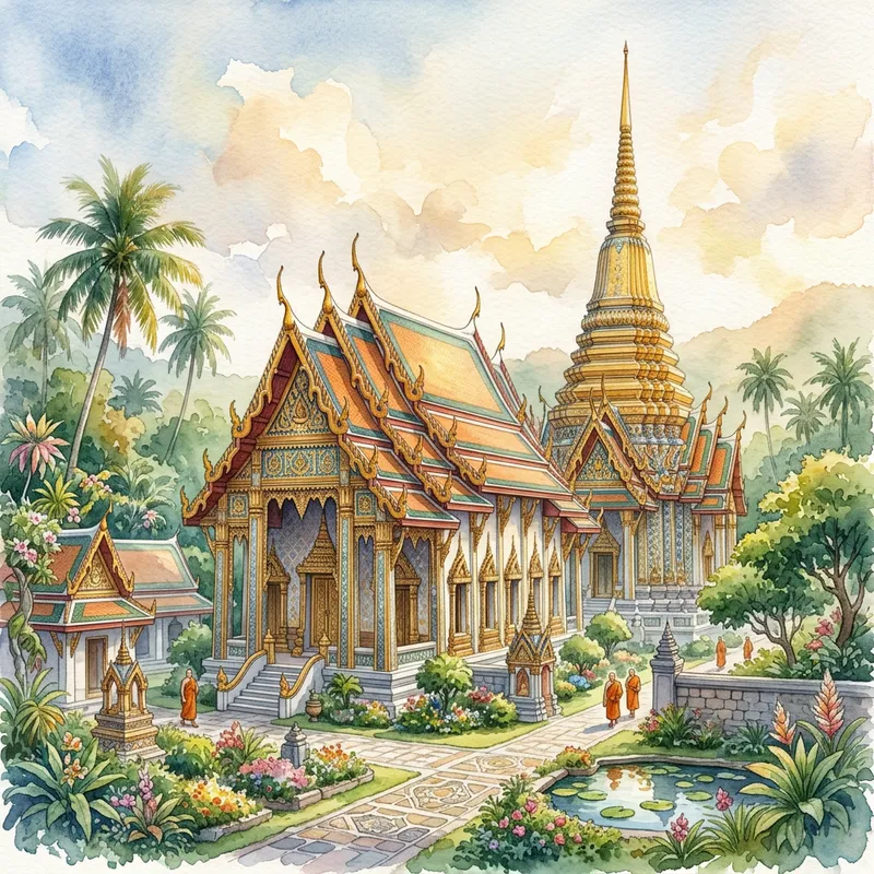 Intricate Thai Temple Watercolor Art Intricate Thai Temple Watercolor Art