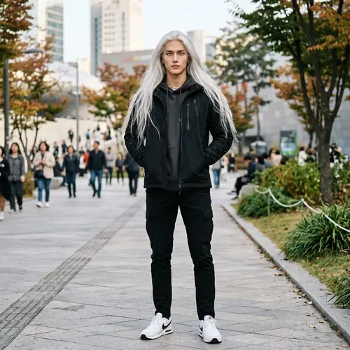 Tall Korean Boy with Athletic Build and Striking Blue Eyes