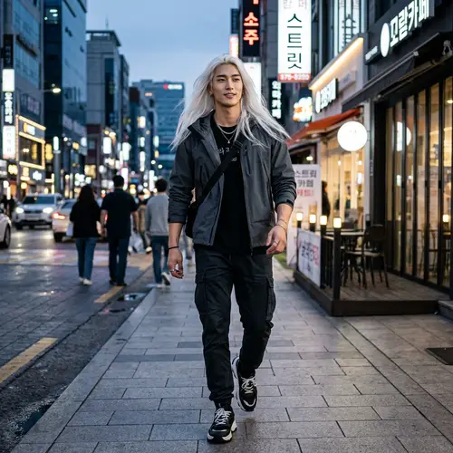 Tall Korean Young Man with Fit Body & Long White Hair