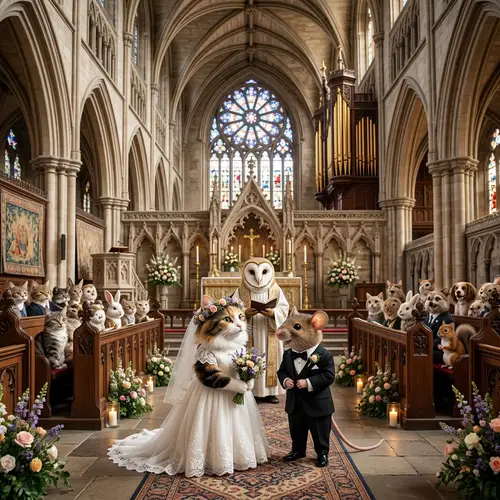 Cat Wedding in Gothic Church: Joyful Scene of Feline and Mouse
