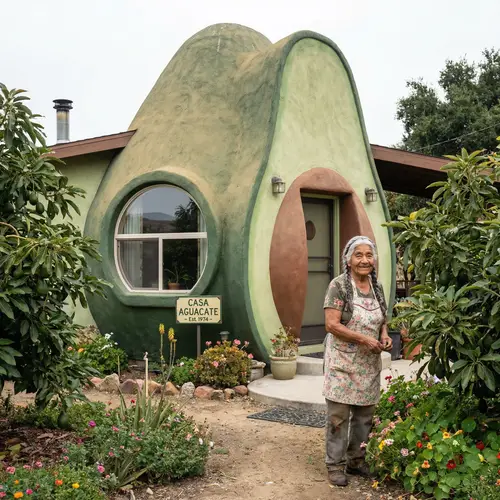 Elderly Hispanic Woman in an Avocado-Shaped House