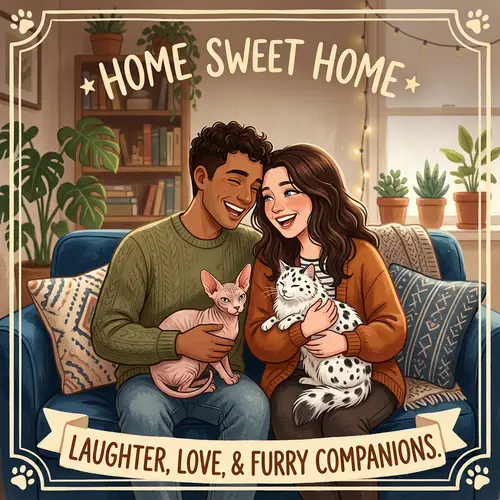 Lively Poster of Couple with Cats Laughing on Sofa