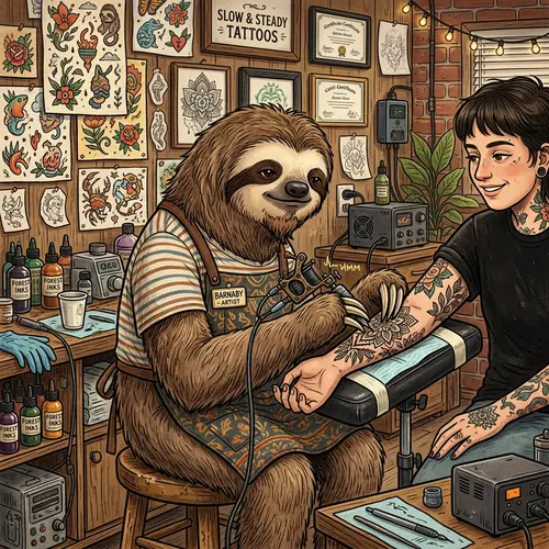 Sloth Tattoo Artist: Intricate Designs on Customer's Skin