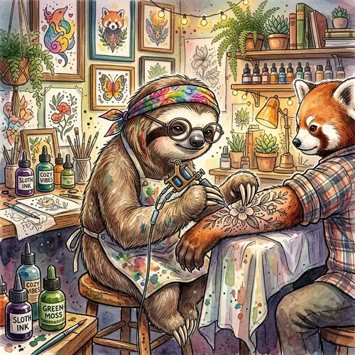 Tranquil Sloth Tattoo Artist: Vibrant Watercolor & Ink Masterpiece