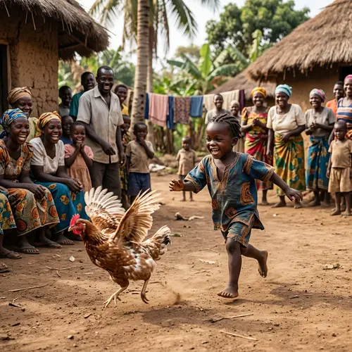 Young African Child Chasing Chicken in Rural Village