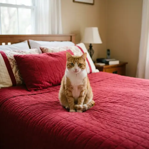Cat Sitting on Red Bed