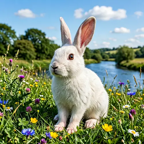 Female Rabbit in Idyllic Field | White Fur, Brown Eyes
