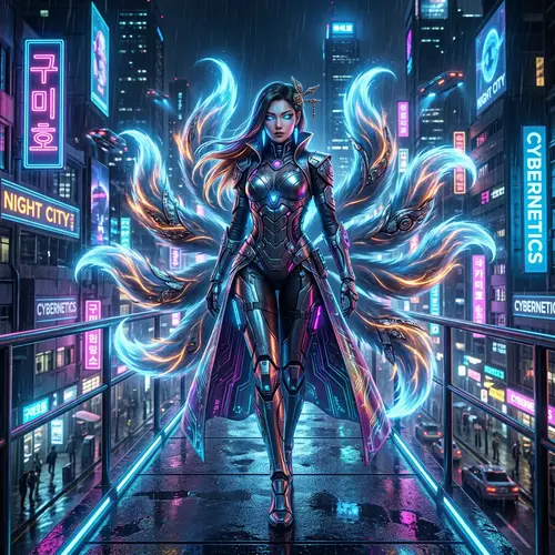 Elegant Cyberpunk Kumiho Girl with Nine Tails in a Futuristic City
