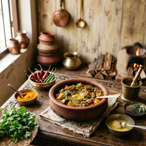 Aalu Baigan Indian Culinary Dish | Traditional Kitchen Scene