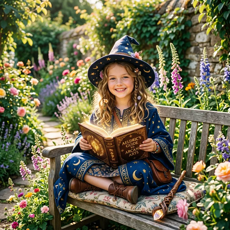 Cute Smiling Wizard Girl Reading in a Sunny Garden Cute Smiling Wizard Girl Reading in a Sunny Garden