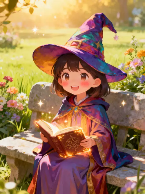 Cute Smiling Wizard Girl Reading in a Sunny Garden