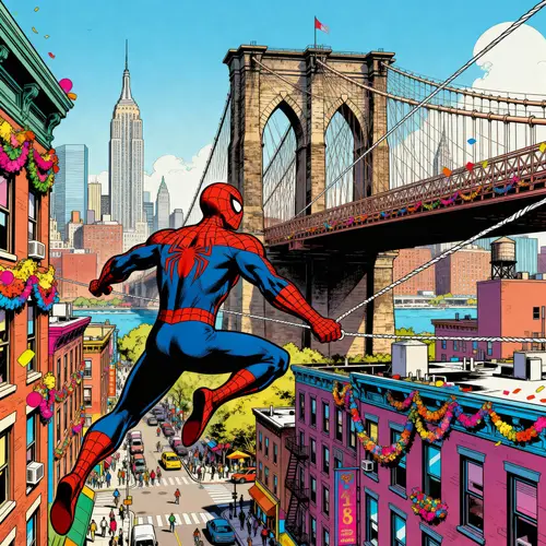 Spiderman Swinging Near Brooklyn Bridge Illustration