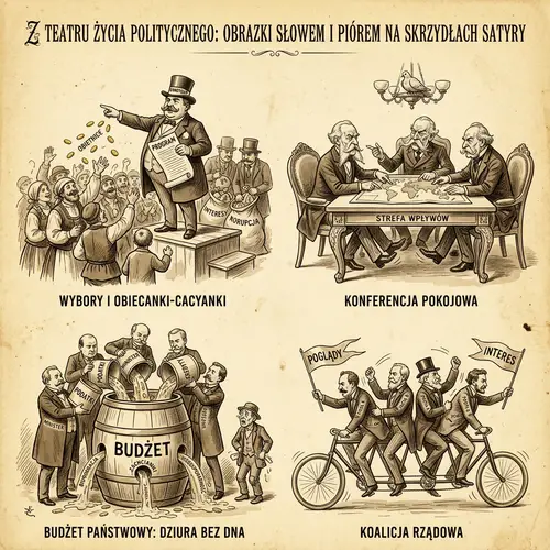 Political Satirical Sketches | 19th Century Polish Comic Style