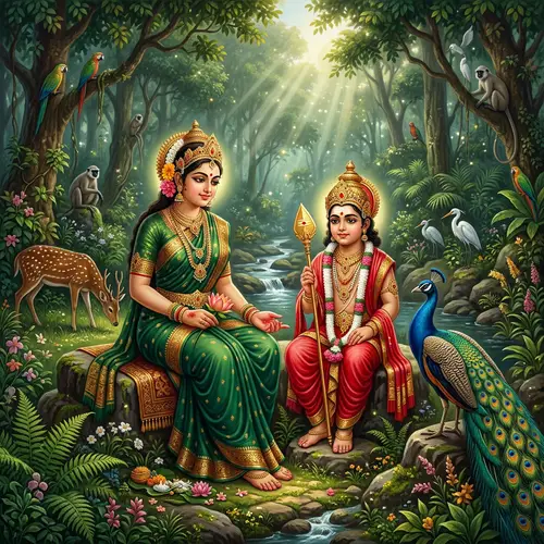 Lord Murugan and Parvati: Divine Depiction in Serene Forest