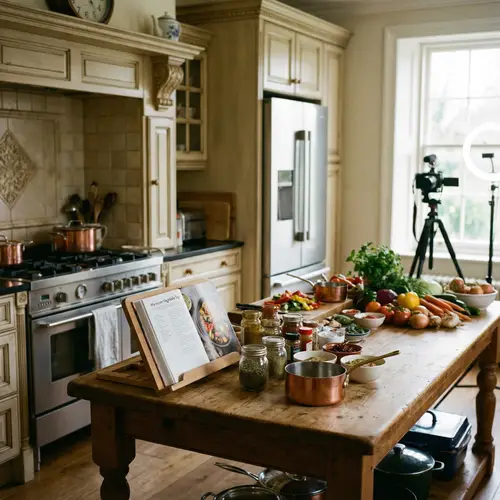 Inviting Kitchen Background with Modern Appliances and Fresh Ingredients