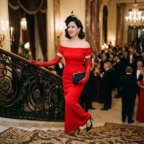 Elegant Woman in Red Dress and Gloves