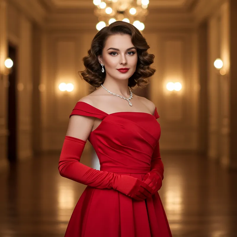 Elegant Woman in Red Dress and Gloves Elegant Woman in Red Dress and Gloves